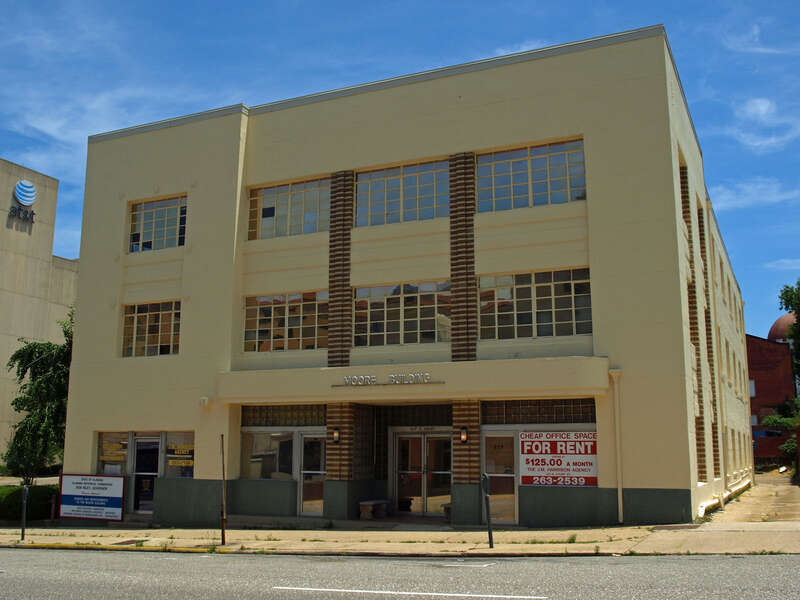 The Moore Building at 213-219 South Court Street, part of the Perry Street Historic District in Montgomery, Alabama.