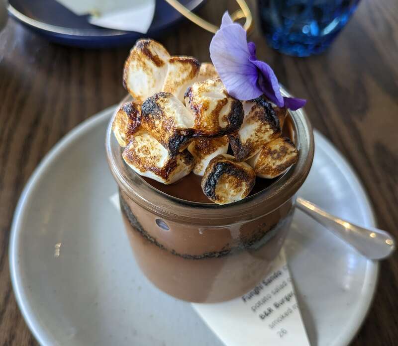 Vegan chocolate mousse with oreo and torched marshmallows, served at Blossom and Root Kitchen in Danville, California, United States.