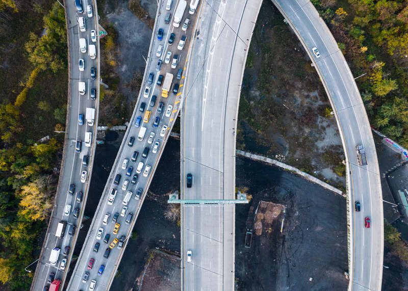 New Jersey Route 139 (center and center left) and Interstate 78 (far left and far right), Jersey City, New Jersey.
