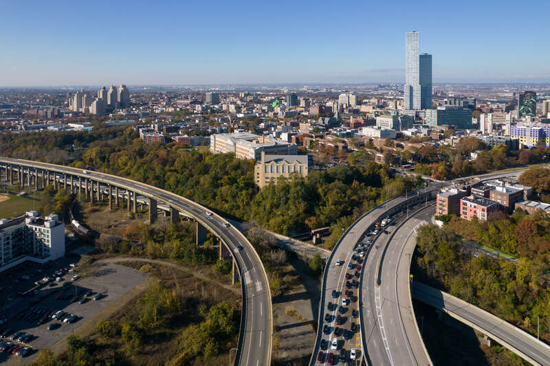New Jersey Route 139 (center right) and Interstate 78 (left and far right), Jersey City, New Jersey.