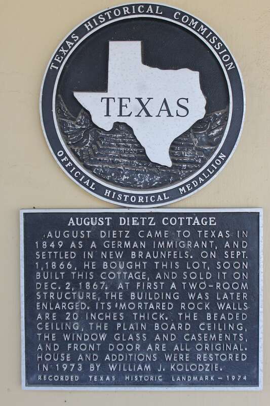 August Dietz Cottage. August Dietz came to Texas in 1849 as a German immigrant, and settled in New Braunfels. On Sept. 1, 1866, he bought this lot, soon built this cottage, and sold it on Dec. 2, 1867. At first a two room structure, the building was