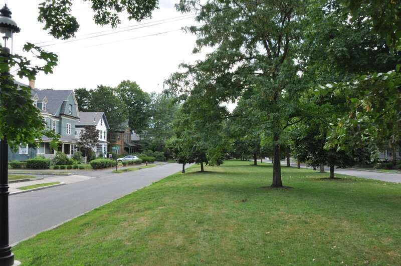 A photograph of Washington Park in Newton, Massachusetts, a historic district.