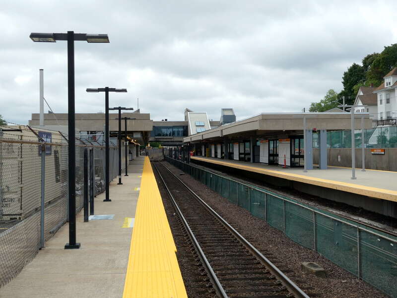 Oak Grove station viewed from the commuter rail platform in September 2022