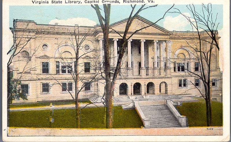 Postcard of the Old Virginia State Library (now the Oliver Hill Building), Richmond, Virginia; postmarked 1928.