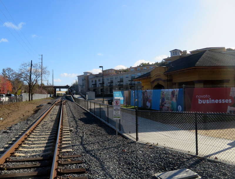 Novato Downtown station on the first day of service in December 2019, with the former Novato station at right