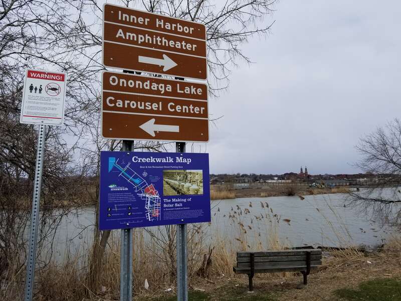 Looking out across the Inner Harbor toward north Syracuse, from the Onondaga Creekwalk