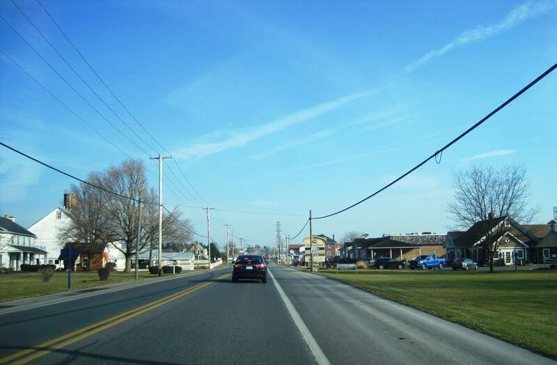 Photo of eastbound Pennsylvania Route 340 (Old Philadelphia Pike) in the Upper Leacock Township, Pennsylvania village of Bird-in-Hand. Photo taken looking east between Maple Avenue and Ronks Road.