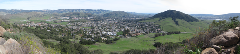 Panorama of San Luis Obispo. Used Hugin to stitch 5 different images taken with Canon PowerShot SD750. Resized with GIMP. http://picasaweb.google.com/dewqazxc/Various#5305107685994248098