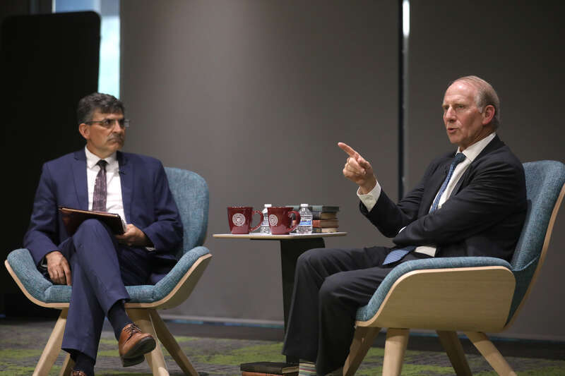 Paul Carrese and former President of the Council on Foreign Relations Richard Haass speaking with attendees at an event at the Walton Center for Planetary Health at Arizona State University in Tempe, Arizona.

Please attribute to Gage Skidmore if