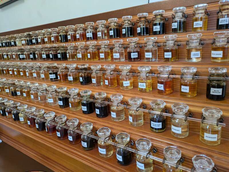 The &quot;Perfume Organ&quot;, rows of bottles of numerous scents, at the Aftel Archive of Curious Scents in Berkeley, California, United States