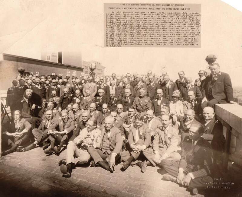Past and present Directors of the El Paso Chamber of Commerce, 25th anniversary luncheon, Hotel Paso del Norte, El Paso, March 2nd 1925. The directors are named on the insert at top and their images marked below. The photograph is stamped in the