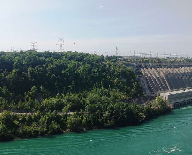 Photo of power lines in Niagara Falls, Ontario and part of the Sir Adam Beck Hydroelectric Generating Stations. Photo taken from the Robert Moses Niagara Power Plant observation deck in Niagara Falls, New York looking northwest.