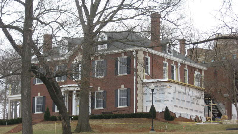 View from the northwest of the former President's Home (now university offices) on the campus of Western Kentucky University in Bowling Green, Kentucky, United States.  Built in 1931, it is listed on the National Register of Historic Places.