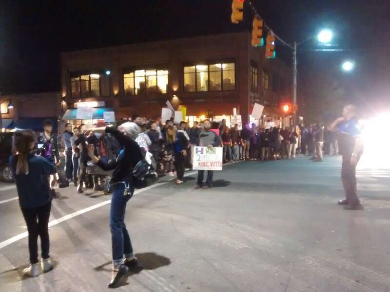 A protest against Donald Trump in Chapel Hill, North Carolina on November 18, 2016. Protesters are blocking Franklin Street at the intersection of Franklin and Columbia.