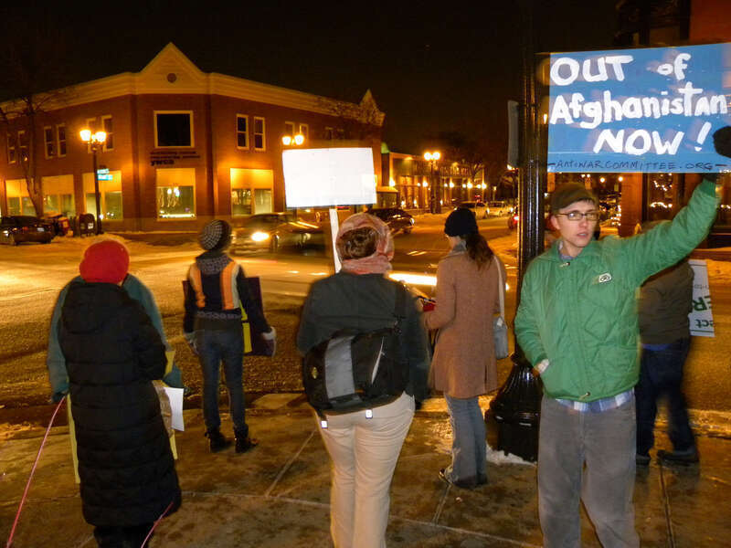 On December 17, 2009 there was a protest against the war in Afghanistan outside the St. Paul office of Representative Betty McCollum who supports President Obama’s call to send an additional 30,000 troops to Afghanistan and has proposed a tax to pay