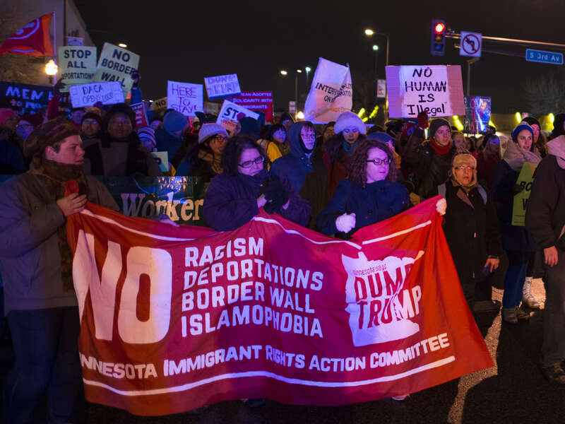Minneapolis, Minnesota
November 23, 2016
About 300 people met in south Minneapolis to march in protest against the proposed policies of President-elect Donald Trump. Protesters denounced bigotry, racism, Islamophobia, and Donald Trump's proposals on