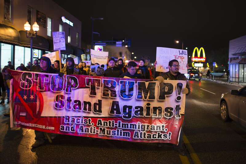 Minneapolis, Minnesota
November 23, 2016
About 300 people met in south Minneapolis to march in protest against the proposed policies of President-elect Donald Trump. Protesters denounced bigotry, racism, Islamophobia, and Donald Trump's proposals on