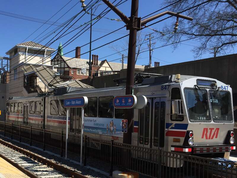Cropped image of RTA Blue Line Train and Van Aken - Lee station in April 2016
