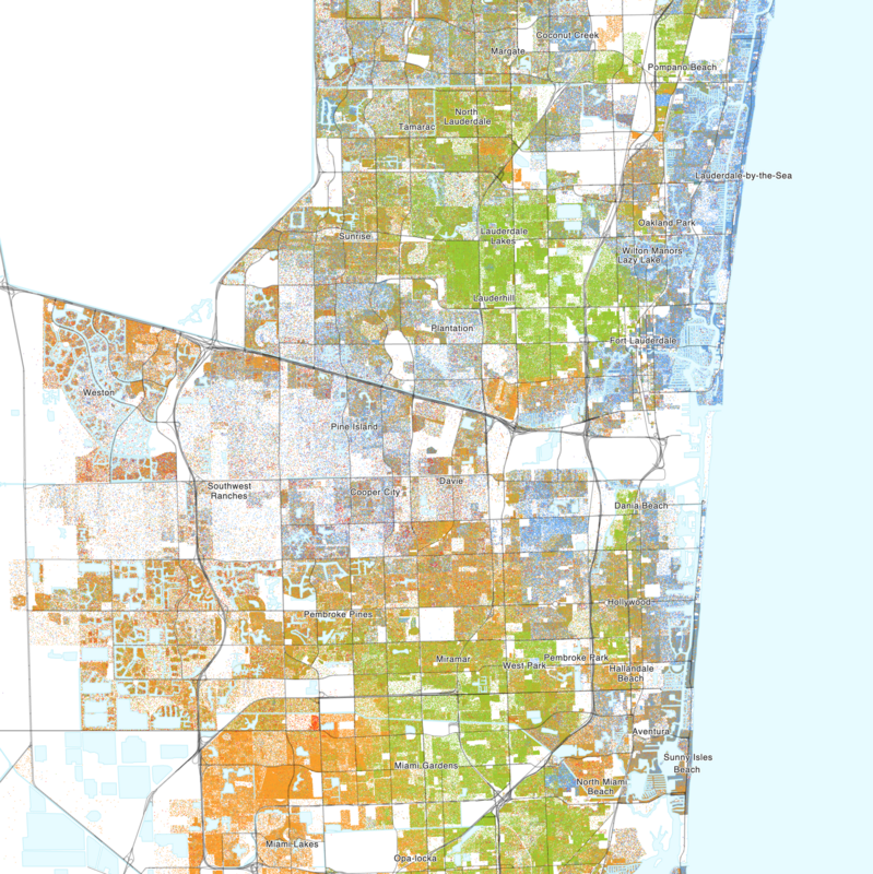 Map of the distribution of races and ethnicities in US cities, inspired by similar maps created by Dustin Cable and others.
Blue is White, Green is Black, Red is Asian, Orange is Hispanic, Purple is Multiracial, and Brown is Native American/Other.