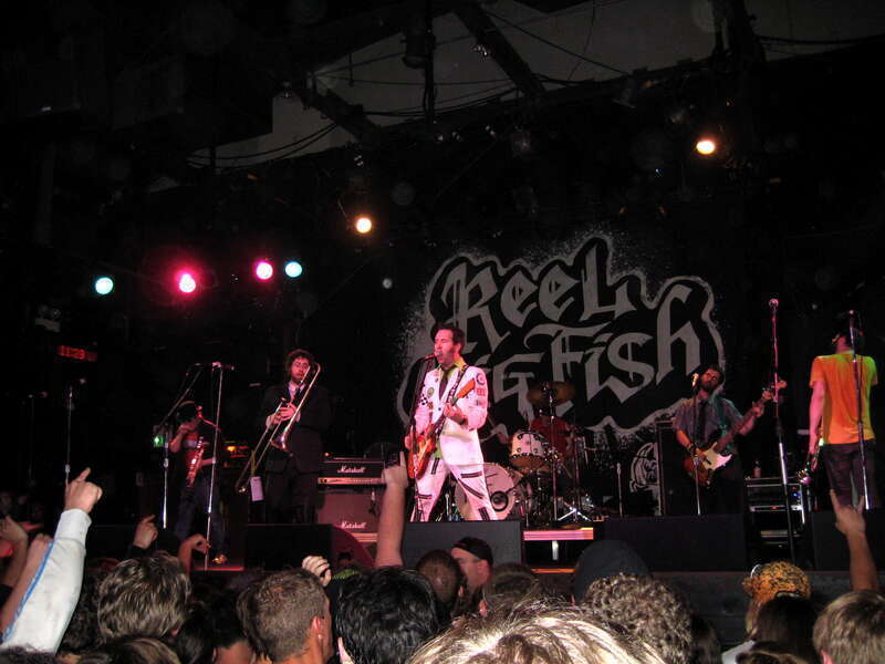 Reel Big Fish performing at The Catalyst in Santa Cruz, California on March 27, 2008. Left to right: John Christianson (trumpet), Dan Regan (trombone), Aaron Barrett (vocals/guitar), Ryland Steen (drums), Derek Gibbs (bass), and Scott Klopfenstein