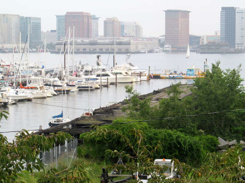 Remains of a railroad wharf in East Boston, seen in August 2015