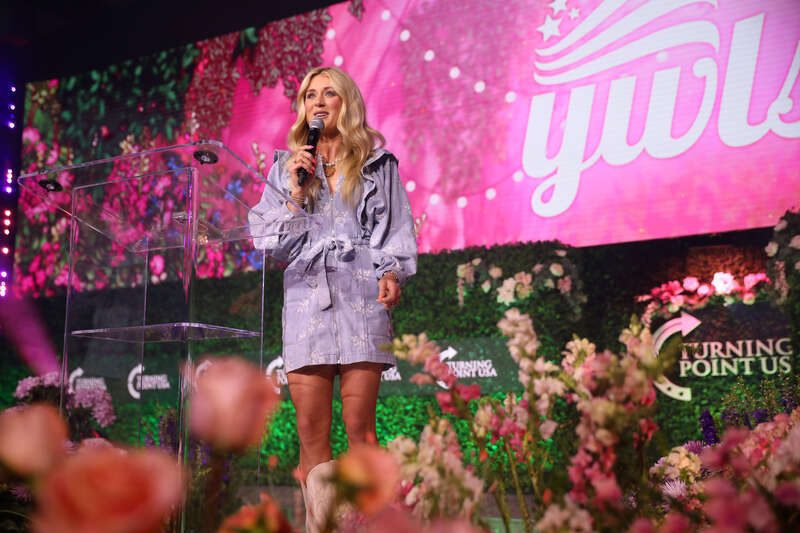 Riley Gaines speaking with attendees at the 2024 Young Women's Leadership Summit at the San Antonio Marriott Rivercenter on the River Walk in San Antonio, Texas.