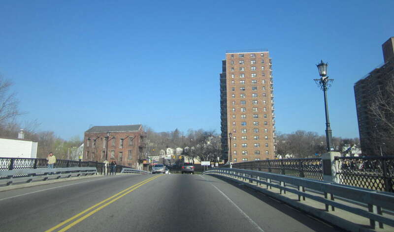 Roadway view of the West Broadway Bridge (also known as the Concrete–Metal Bridge), in Paterson, New Jersey, looking northwest