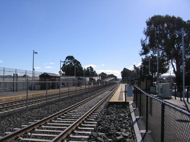 This is the temporary San Bruno (Caltrain station) in San Bruno, California, USA.  This temporary station has been in use since October 2010 while the new station along the elevated overpass of Angus, San Mateo, and San Bruno Avenues is under