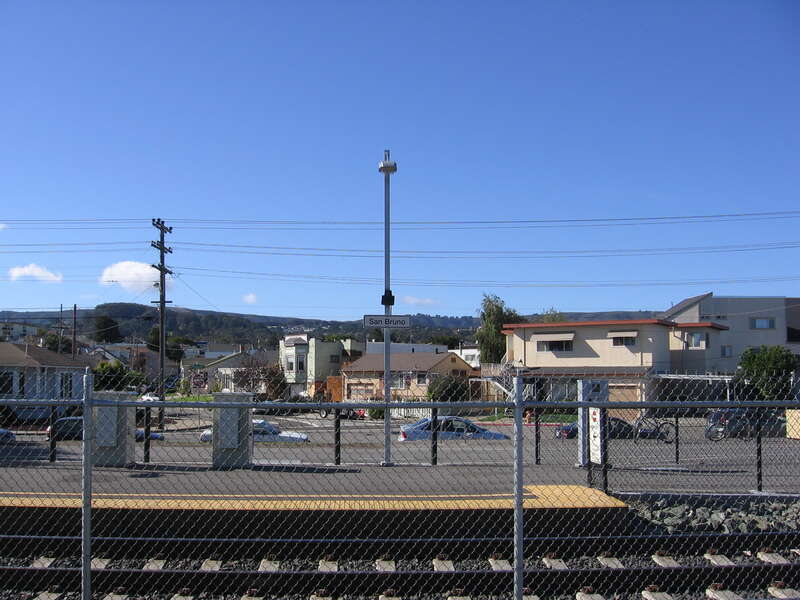 This is the temporary San Bruno (Caltrain station) in San Bruno, California, USA.  This temporary station has been in use since October 2010 while the new station along the elevated overpass of Angus, San Mateo, and San Bruno Avenues is under