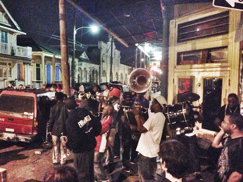 New Orleans LA.
Second line band busking on Frenchman Street at Chartres, Faubourg Marigny.