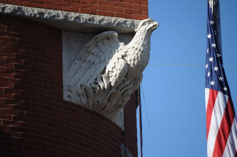American flag and high relief of eagle, Seymour Fire Department Citizen Engine Co. No. 2, Seymour, Connecticut. Part of the Downtown Seymour Historic District, which is listed on the National Register of Historic Places.