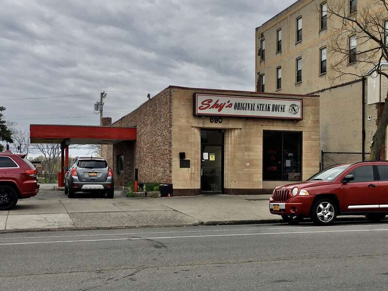 Shy's Original Steak House, 690 Fillmore Avenue, Buffalo, New York, May 2020. Nowadays famous as the place to get some of Buffalo's tastiest steak hoagies, previously famous as Buffalo's first bank to offer drive-through service. The Fillmore Avenue