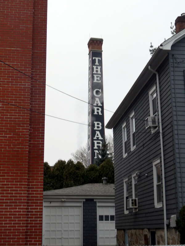 Smokestack of the former Union Street Railway carbarn in New Bedford in December 2023