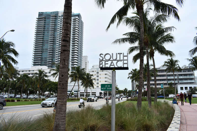 A sign notifies travelers headed south that they are entering South Beach at Collins Park in Miami Beach.