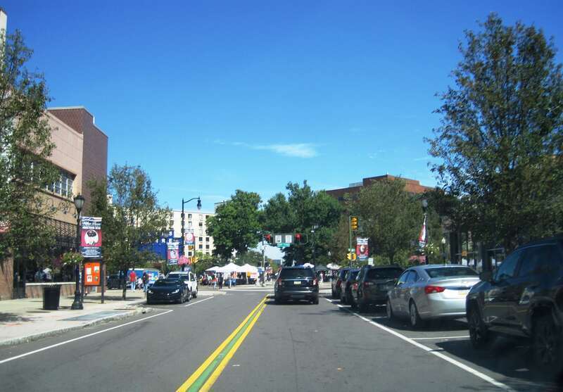 Photo of northbound South Main Street in Wilkes-Barre, Pennsylvania. Photo taken looking northeast between Northampton Street and Public Square.