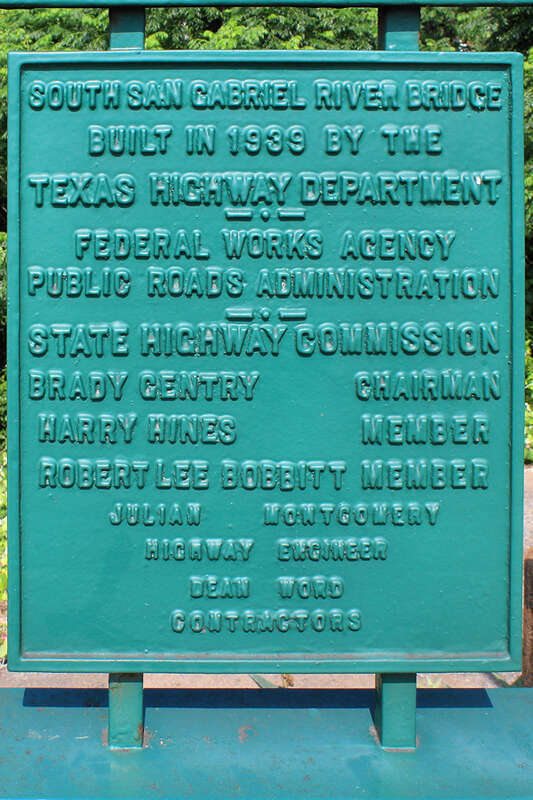 The South San Gabriel River Bridge plaque in Georgetown, Texas, United States.