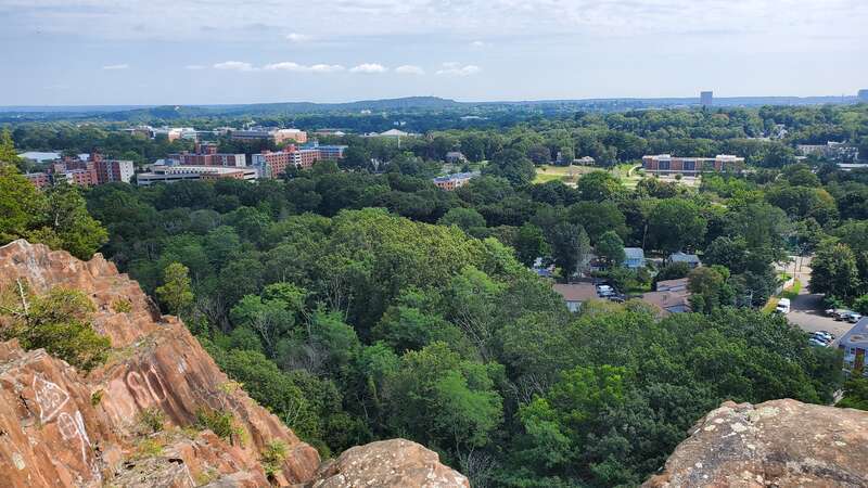 SCSU's campus (plus graffiti) and in the distance, East Rock