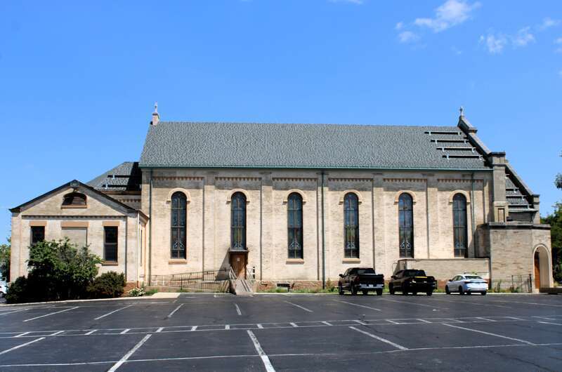 St. James Catholic Church in Rockford, Illinois. The church served as the pro-cathedral for the Diocese of Rockford from 1907 to 1960. It was damaged in a fire in 2021 that was caused by a lightning strike. Work is ongoing to repair it.