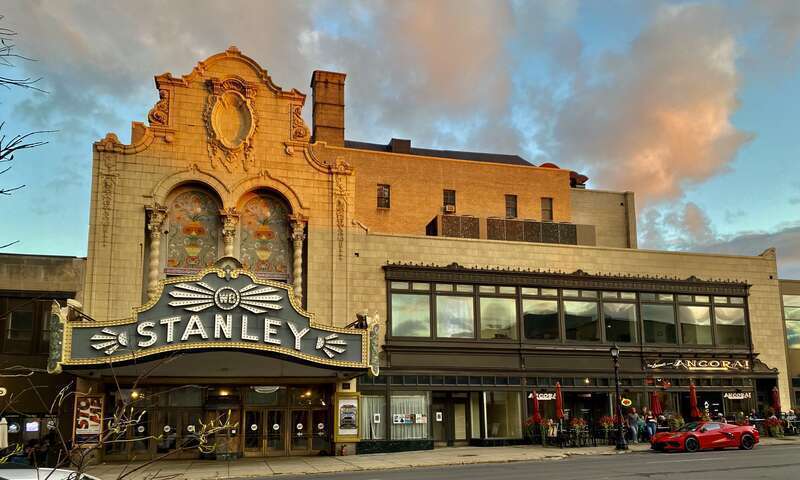 The Stanley Theater, 261 Genesee Street, Utica, New York, as seen in September 2021. Built in 1928, this is one of the most exquisite designs of Scottish-born theater architect Thomas W. Lamb, and a fine representation (albeit with a decided Spanish