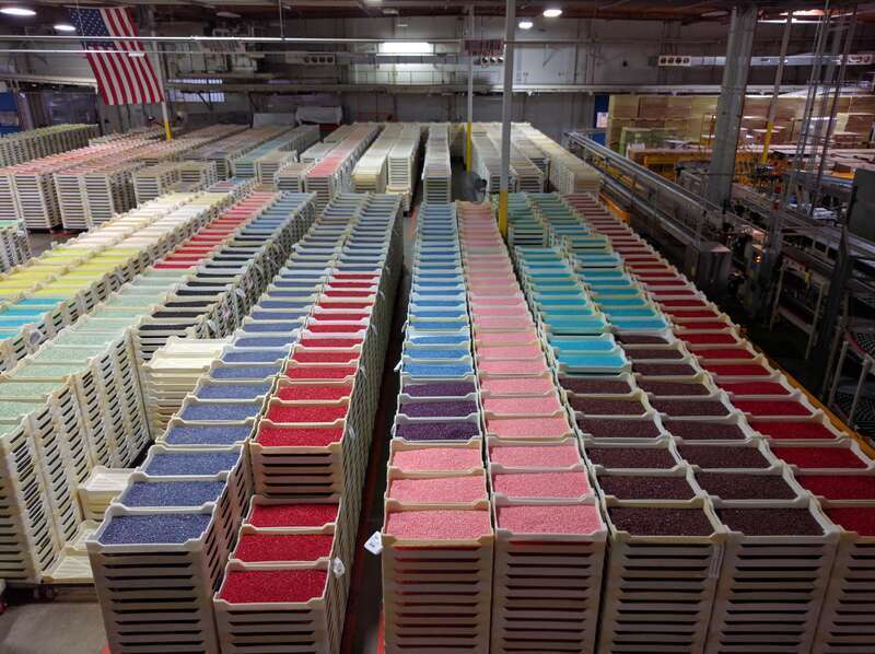 Containers of newly made jelly beans at the Jelly Belly factory.