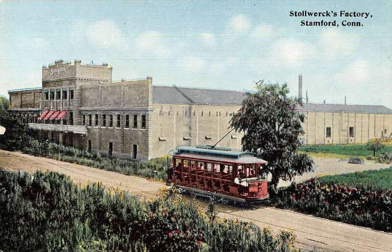 Divided back postcard of the Stollwerck factory and a streetcar on Southfield Avenue in Stamford, with &quot;September 1912&quot; handwritten on the reverse