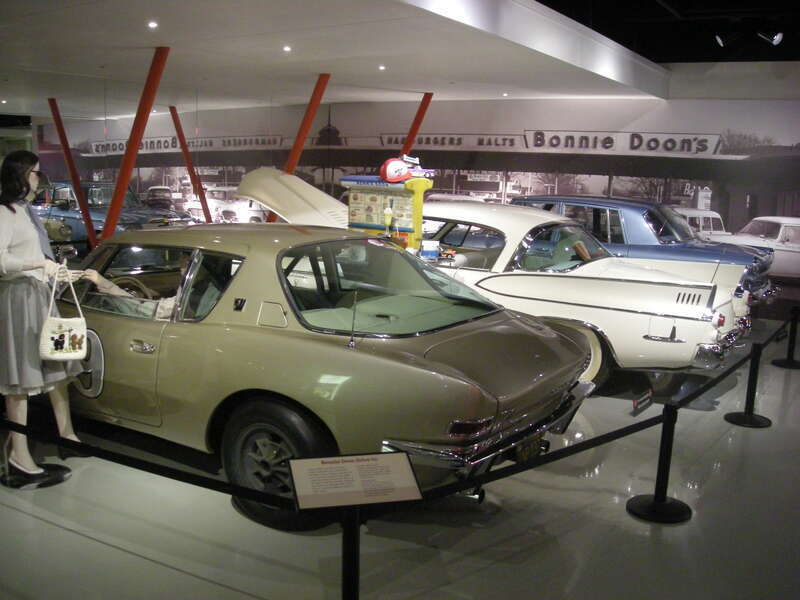 1963 Studebaker Avanti &quot;No. 9&quot;, a 1957 Studebaker Golden Hawk 400, and a 1963 Studebaker Lark Sedan at the Studebaker National Museum in South Bend, Indiana (United States).