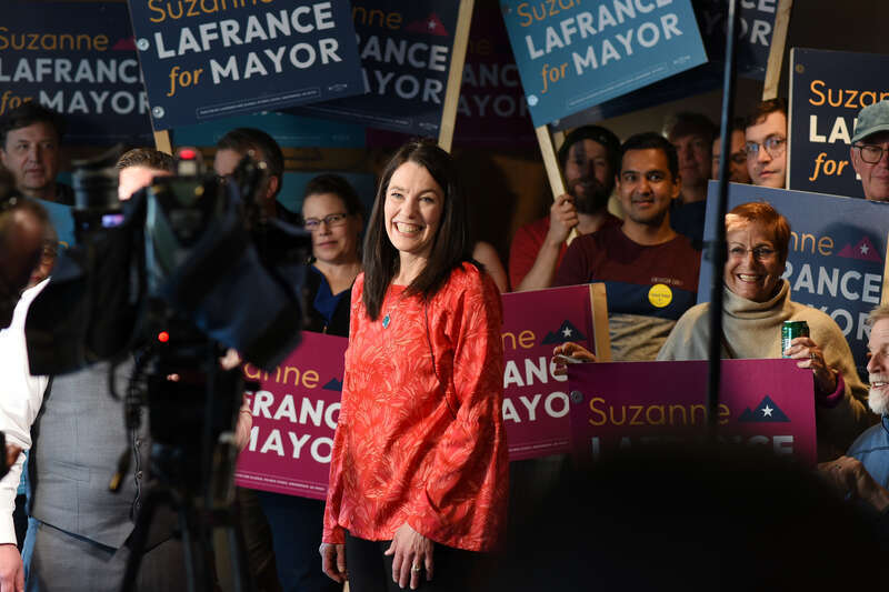 Images from Suzanne LaFrance's May 14, 2024 election night party. Early results showed LaFrance holding a commanding lead over incumbent Anchorage mayor Dave Bronson.
Photo credit: &quot;Photo used via Creative Commons license courtesy Paxson Woelber, the