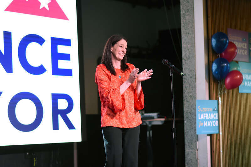 Images from Suzanne LaFrance's May 14, 2024 election night party. Early results showed LaFrance holding a commanding lead over incumbent Anchorage mayor Dave Bronson.
Photo credit: &quot;Photo used via Creative Commons license courtesy Paxson Woelber, the