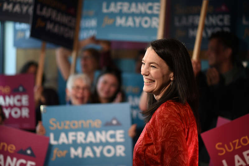 Images from Suzanne LaFrance's May 14, 2024 election night party. Early results showed LaFrance holding a commanding lead over incumbent Anchorage mayor Dave Bronson.
Photo credit: &quot;Photo used via Creative Commons license courtesy Paxson Woelber, the