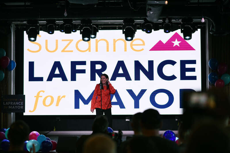 Images from Suzanne LaFrance's May 14, 2024 election night party. Early results showed LaFrance holding a commanding lead over incumbent Anchorage mayor Dave Bronson.
Photo credit: &quot;Photo used via Creative Commons license courtesy Paxson Woelber, the