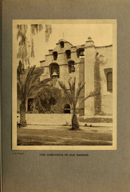 Campanile of San Gabriel Arcángel with bells and palm trees and vines