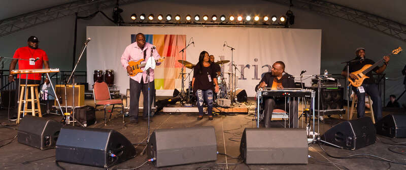 Brothers Chuck, Phil, and Darick, plus Phil’s son Carl and their cousin Denise Brown.  Daric Bennett on bass.
Chuck Campbell was a 2004 NEA National Heritage Fellow for his mastery of the Gospel steel guitar.  The award reads,

&quot;Charles &quot;Chuck&quot; T.
