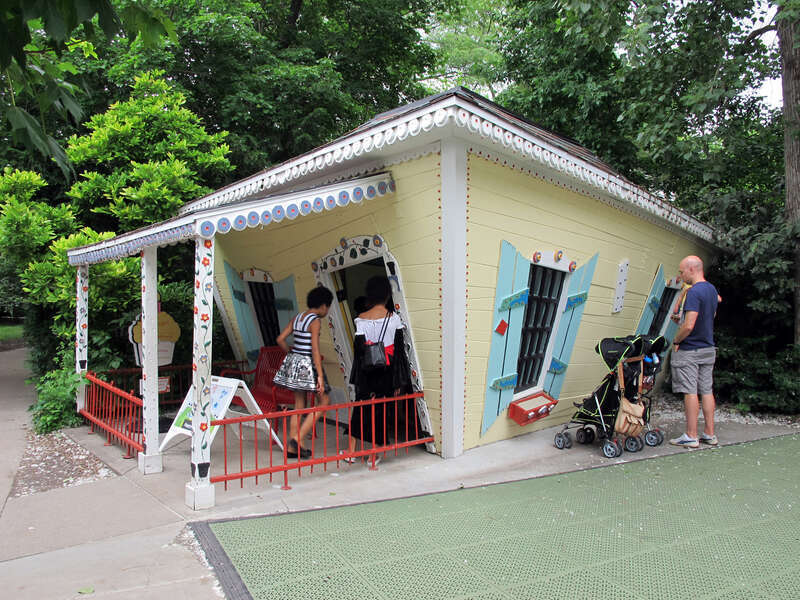 Photo of the Crooked House inside the Lincoln Children's Zoo, 1222 S. 27th Street in Lincoln, Nebraska.  Photo taken looking due north toward the southwest corner of the house.