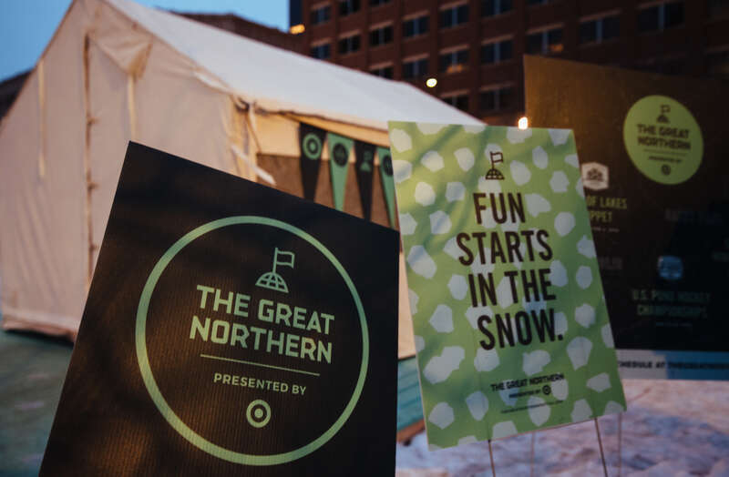 Signage promotes The Great Northern at the Saint Paul Winter Carnival at Rice Park, St. Paul, Minnesota.